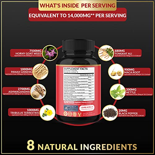 Test Booster Supplement for Men - 14000mg Herbal Equivalent - Supports Performance, Muscle, Energy - Made with Horny Goat Weed, Tribulus, Ginseng