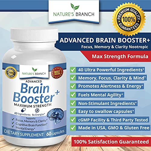 Advanced Brain Booster Supplements - 40 Ingredients Memory Focus & Clarity Vitamins Plus eBook - Boost Energy, Elevate Brain Function Nootropic Power Support with DMAE - 60 Brain Health Formula Pills