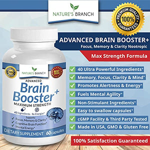 Advanced Brain Booster Supplements - 40 Ingredients Memory Focus & Clarity Vitamins Plus eBook - Boost Energy, Elevate Brain Function Nootropic Power Support with DMAE - 60 Brain Health Formula Pills