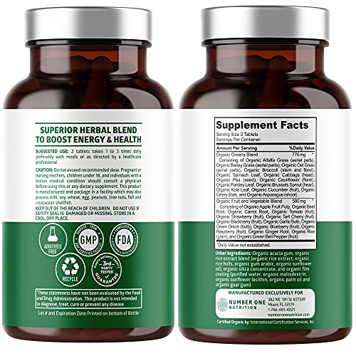 N1N Premium Organic Superfood Greens, Fruits and Veggies [28 Powerful Ingredients] All Natural Superfood Supplement with Alfalfa, Beet Root and Ginger to Boost Energy, Immunity and Gut Health, 60 Ct