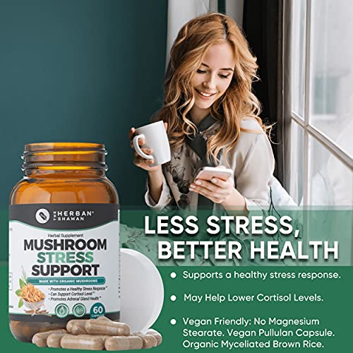 The Herban Shaman’s Mushroom Stress Support Capsules | Organic Mushroom Herbal Capsules with Reishi, Lions Mane, Turkey Tail, Lemon Balm, Bacopa (60 Capsules)