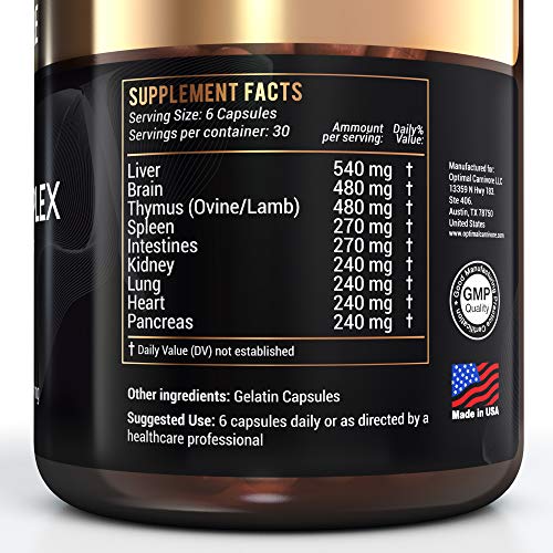 Desiccated Beef Organs, Grass Fed Organ Complex - Beef Liver, Brain, Heart, Thymus, Kidney, Spleen, Gallbladder, Pancreas, Lung, Ancestral Formula (180 Capsules) by Optimal Carnivore