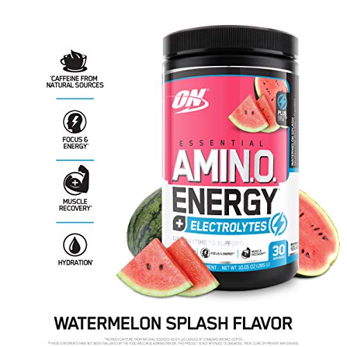 Optimum Nutrition Amino Energy + Electrolytes Powder - Pre Workout, BCAAs, Amino Acids, Keto Friendly, Energy Powder -Watermelon Splash, 30 Servings