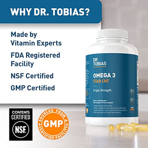 Dr. Tobias Omega 3 Fish Oil – Triple Strength Dietary Nutritional Supplement – Helps Support Brain & Heart Health, Includes EPA & DHA – 2000 mg per Serving, 90 Soft Gel Capsules