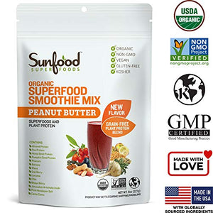 Sunfood Organic Superfood Smoothie Mix- Peanut Butter Flavor | New Plant-Based Protein Blend (Pea, Hemp, Almond, Pumpkin) All-Natural Ingredients | Non-GMO, Vegan, Gluten Free | 8 oz Bag