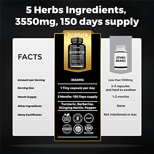Quercetin Capsules 3550mg, 5 Months Supply & Berberine, Stinging Nettle, Turmeric, Black Pepper | Promotes Cardiovascular, Respiratory Health, Supports Immune | Powerful Antioxidant, Anti Inflammatory