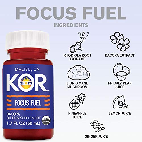 KOR Shots Bacopa Shot - 1.7 Fl Oz - Focus Fuel - Bacopa Root, Rhodiola Root and Lions Mane Mushroom - USDA Certified Organic