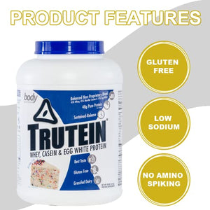 Body Nutrition Protein Powder - Trutein Birthday Cake 4lb Whey, Casein & Egg White - Natural Low Carb Keto Friendly Drink - Zero Sugar - Lean Muscle Builder, Weight Loss, Workout, Recovery