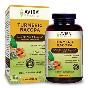 Avira Organic Turmeric Bacopa - Super Fusion with Amla, Curcumin & Bioperine, Support Positive Mood, Cognitive & Mental Alertness, Enhanced Absorption, Vegan, Non-GMO, Max Strength-1462mg Per Day