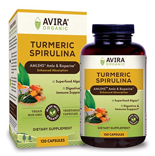 Avira Organic Turmeric Spirulina, Super Fusion with Amla, Curcumin & Bioperine, Superfood Algae Grown in Pristine Environment, Support Immune & Digestive Function, Yellow, 120 Count