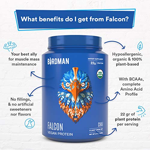 Birdman Falcon Premium Organic Plant Based Protein Powder, Vegan, Low Net Carbs, Keto, No Sugar Added, Non Dairy, Gluten-Free, Soy-Free, Lactose-Free, Non-GMO, Chai Flavor 33 Servings, 2.18lb