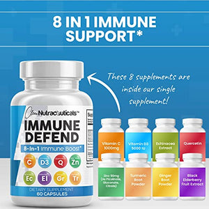 Immune Defense Support Supplement 8 in 1 w/ Zinc 50mg Quercetin, VIT C 1000mg, Vitamin D3 5000 IU, Elderberry, Turmeric Curcumin, Ginger, Echinacea - Immunity System Booster Adults Vegan - 60Ct (USA)