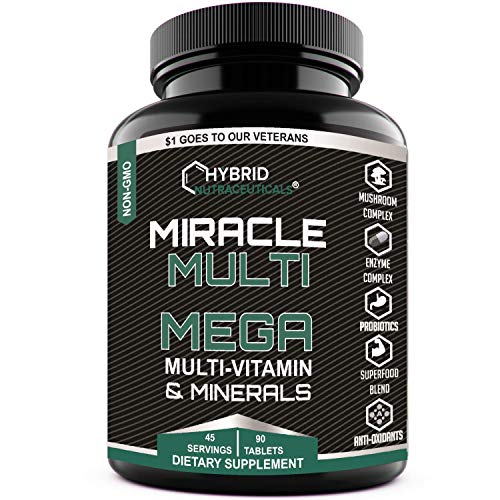 MEGA Multi Vitamins Minerals Blend, Daily Multivitamin Mineral Supplement, Probiotics, Superfood Digestive Enzyme Blend, Mushroom Complex, for Heart, Immune Support, Stamina, Energy (90 Tabs)