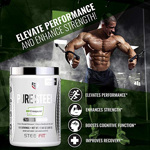 SteelFit Pure Steel Creapure® - Pure German Creatine Monohydrate - Elevate Performance - Enhance Strength - Unflavored - Gluten Free - Vegan - 100 Servings, 500 Grams