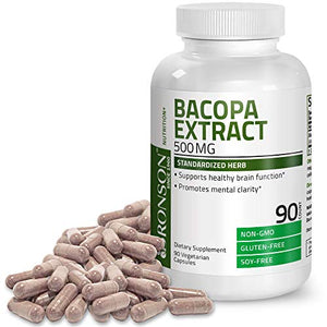 Bronson Bacopa Monnieri Extract 500 mg - Promotes Mental Clarity and Brain Function - Non GMO, 90 Vegetarian Capsules