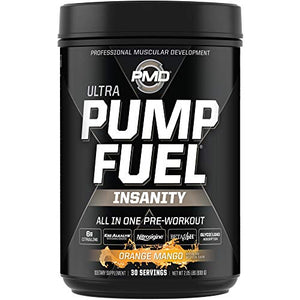 PMD Sports Ultra Pump Fuel Insanity - Pre Workout Drink Mix for Energy, Strength, Endurance, Muscle Pumps and Recovery - Complex Carbohydrates and Amino Energy - Tropical Orange Mango (30 Servings)