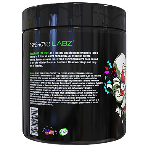 Psychotic Labz Psycho Circus High Stim Pre Workout Powder, Energy Focus Strength Pumps, Loaded with Beta Alanine Creatine Caffeine Ampiberry Dmae Bitartrate, 30 Srvgs, Sweet Watermelon