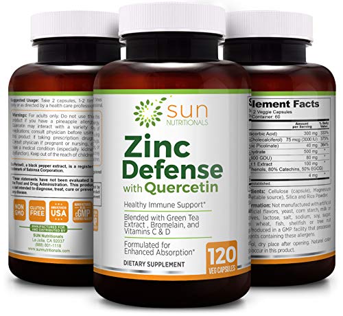 Zinc Defense with Quercetin, EGCG (Green Tea Extract), Bromelain, Vitamins C & D, 2-Month Supply, 120 VCaps, Non-GMO, Gluten Free - Sun Nutritionals