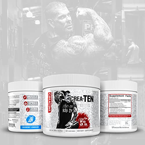 Rich Piana 5% Nutrition CreaTEN 10-in-1 Formula | Flavored Creatine Powder for Muscle Gain | Enhance Power, Strength, Endurance, & Recovery | 9.21 oz, 30 Srvngs (Blueberry Lemonade)