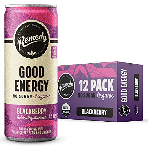 Remedy Natural Energy Drink - Sugar Free, USDA Organic, Low Carb & Low Calorie - Clean Energy with Caffeine & Antioxidants - Sparkling Blackberry - 8.5 Fl Oz Can, 12-Pack