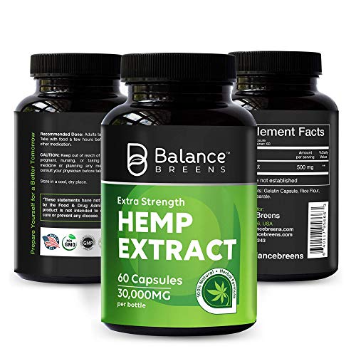 Balance Breens Hemp Extract Capsules 30,000 mg per Bottle- Natural Dietary Supplement for Pain, Stress & Anxiety Relief, Immune Support- Rich in Omega 3-6-9 Fatty Acids - 60 Capsules (1)