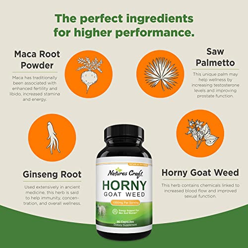 1000 mg Horny Goat Weed Supplement for Drive and Stamina - Pure Epimedium with Tongkat Ali Maca Root Ginseng Saw Palmetto - Boosts Performance for Men and Women 90 Capsules by Natures Craft