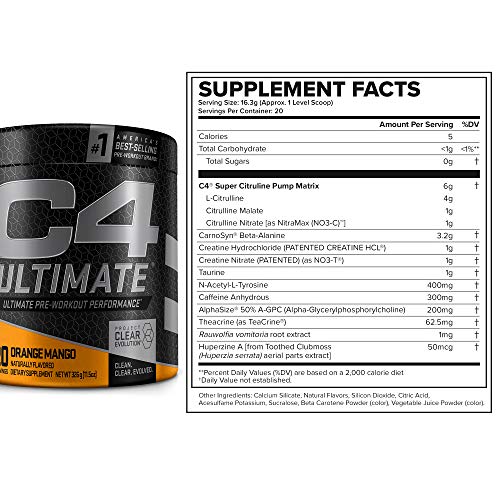 C4 Ultimate Pre Workout Powder Orange Mango - Sugar Free Preworkout Energy Supplement for Men & Women - 300mg Caffeine + 3.2g Beta Alanine + 2 Patented Creatines - 20 Servings