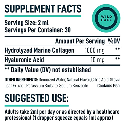 Marine Liquid Collagen Peptides Supplement - 1,000mg Hydrolyzed Marine Collagen Plus 10mg Hyaluronic Acid - Wild Fuel Hair, Skin, Nail, Joint Support - Natural Lemon Lime Flavor - 1-Month, 2 oz