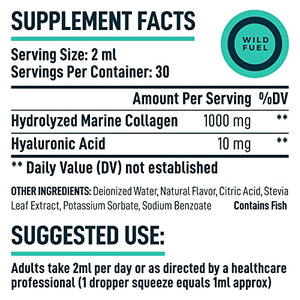 Marine Liquid Collagen Peptides Supplement - 1,000mg Hydrolyzed Marine Collagen Plus 10mg Hyaluronic Acid - Wild Fuel Hair, Skin, Nail, Joint Support - Natural Lemon Lime Flavor - 1-Month, 2 oz