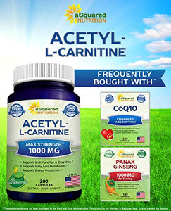 Acetyl L-Carnitine 1000mg Max Strength - 200 Veggie Capsules - High Dosage Acetyl L Carnitine HCL (ALCAR) Supplement Pills to Support Pure Energy, Brain Function & Fatty Acid