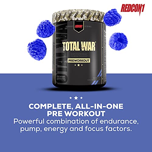 Redcon1 Total War Preworkout Powder - 50 Servings, Boost Energy, Increase Endurance and Focus, Beta-Alanine, 350mg Caffeine, Citrulline Malate, Nitric Oxide Booster - Keto Friendly (Blue Raspberry)