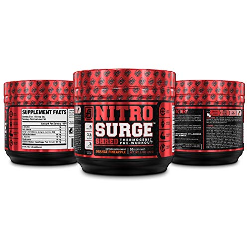 NITROSURGE Shred Pre Workout Supplement - Energy Booster, Instant Strength Gains, Sharp Focus, Powerful Pumps - Nitric Oxide Booster & PreWorkout Powder - 30Sv, Orange Pineapple