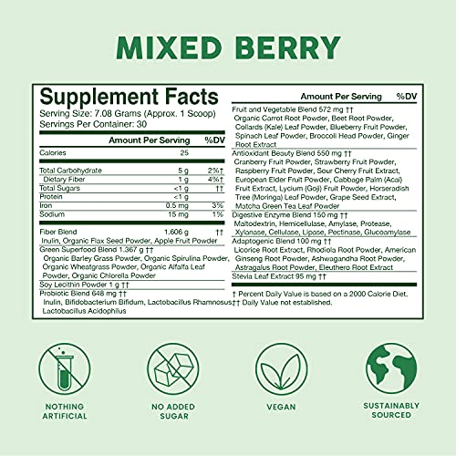 Bloom Nutrition Green Superfood | Super Greens Powder Juice & Smoothie Mix | Complete Whole Foods (Organic Spirulina, Chlorella, Wheat Grass), Probiotics, Digestive Enzymes, & Antioxidants (Berry)