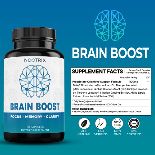 Brain Boost by Nootrix - (2-Pack) 120 Capsules - Premium Nootropic Supplement - Improves Cognitive Function & Memory, Enhances Focus, Boosts Concentration & Provides Clarity for Men and Woman