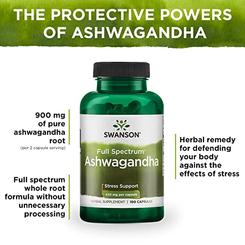 Swanson Ashwagandha Powder Supplement-Ashwagandha Root & Aerial Parts Supplement Promoting Stress Relief & Energy Support-Ayurvedic Supplement for Natural Wellness (100 Capsules, 450mg Each)