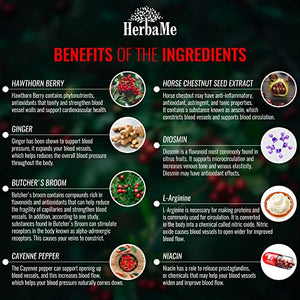 HerbaMe Blood Circulation Supplement, 120 Capsules, Supports Leg Vein, Heart, Vessels and Cardiovascular Health with Niacin, L-Arginine, Ginger, Cayenne Pepper, Hawthorn, Diosmin, Blood Flow Pills