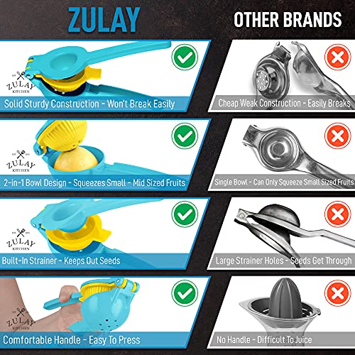 Zulay Metal 2-In-1 Lemon Lime Squeezer - Hand Juicer Lemon Squeezer - Max Extraction Manual Citrus Juicer (Blue Yellow)