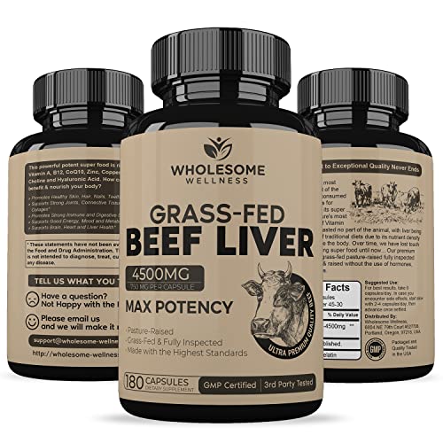 Grass Fed Desiccated Beef Liver Capsules (180 Pills, 750mg Each) - Natural Iron, Vitamin A, B12 for Energy - Humanely Pasture Raised Undefatted in New Zealand Without Hormones or Chemicals