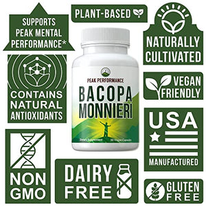 Bacopa Monnieri Vegan Capsules - Made with Organic Bacopa Leaf. Ayurvedic Herb Nootropic Supplement for Brain, Memory, Mental Sharpness, Focus Without Crashes. Natural Plant Extract Pills, Tablets