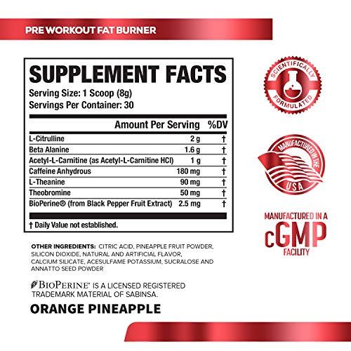 NITROSURGE Shred Pre Workout Supplement - Energy Booster, Instant Strength Gains, Sharp Focus, Powerful Pumps - Nitric Oxide Booster & PreWorkout Powder - 30Sv, Orange Pineapple