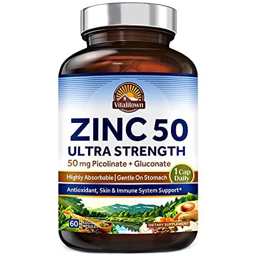 Vitalitown Zinc Picolinate & Gluconate 50 mg | 60 Veggie Capsules | 2 Forms of Chelated Zinc | Well-Absorbed | Immune System, Healthy Skin, Growth & Development | Vegan, NO Gluten NO Dairy, Non-GMO