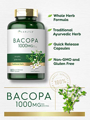 Bacopa Monnieri Capsules | 1000 mg | 180 Capsules | Non-GMO & Gluten Free Supplement | by Carlyle