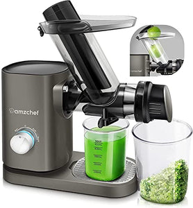 AMZCHEF Slow Juicer Machines Slow Masticating Juicer Cold Press Juicer Vegetables&Fruits Extractor 3'' Large Feed Chute Non-porous Filter Easy Clean& Quite 2 Speeds Jug Brush BPA-Free (Sliver Grey)