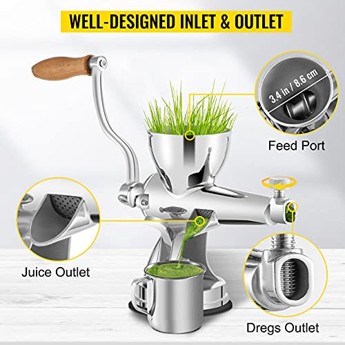 VEVOR Manual Wheatgrass Juicer Stainless Steel Hand Crank Wheatgrass Juicer Hand Wheatgrass Grinder with Suction Cup Base & Table-top Clamp Manual Juicer Extractor for Ginger Celery Apple Grape, etc.