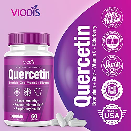 (2 Pack) Quercetin with Bromelain Vitamin C Zinc Elderberry 1000mg Immune System Booster, Lung Support Supplement for Adults Kids - Immunity Defense (120 Capsules)