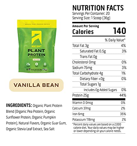 Ascent Organic Plant Based Protein Powder - Vanilla - 20 Servings