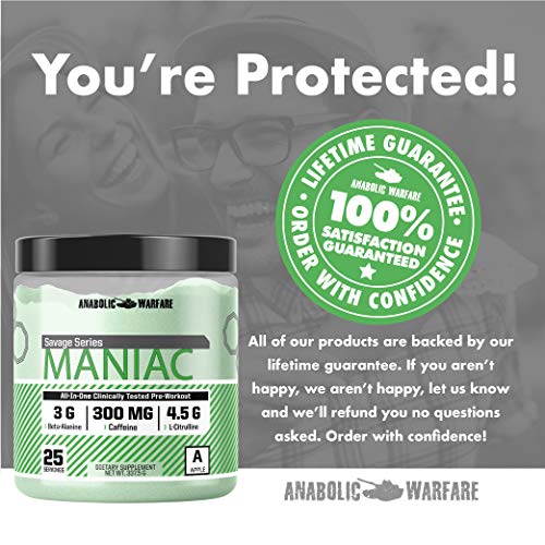 Maniac Pre Workout Powder by Anabolic Warfare – Preworkout Mix to BoostFocus & Energywith Caffeine, Beta Alanine, Lions Mane Mushroom, L Citrulline Powder and Creatine (Apple Melon - 25 Servings)