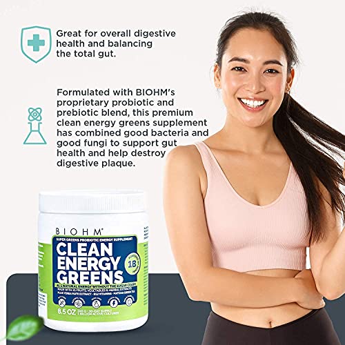 BIOHM Clean Energy Greens and Super Greens Superfood Powder Bundle - All Natural Energy Made with Probiotics, Digestive Enzymes, and 20 Organic Green Whole Foods (with Wheatgrass) - Non-GMO