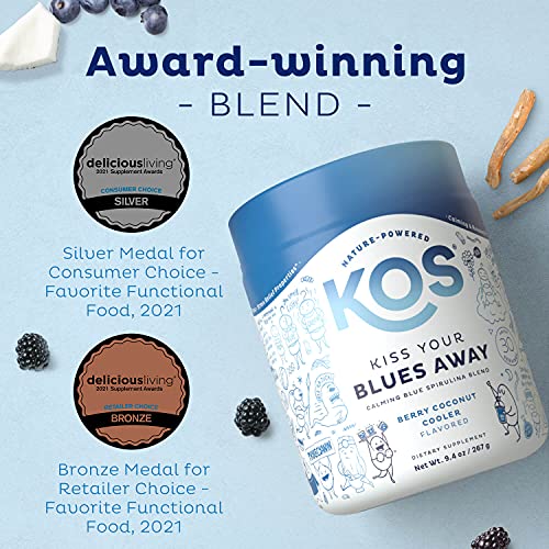 KOS Calming Blue Spirulina Blend with Ashwagandha Powder, Lemon Balm, Reishi Mushroom - Berry Coconut Cooler Flavor, 30 Servings