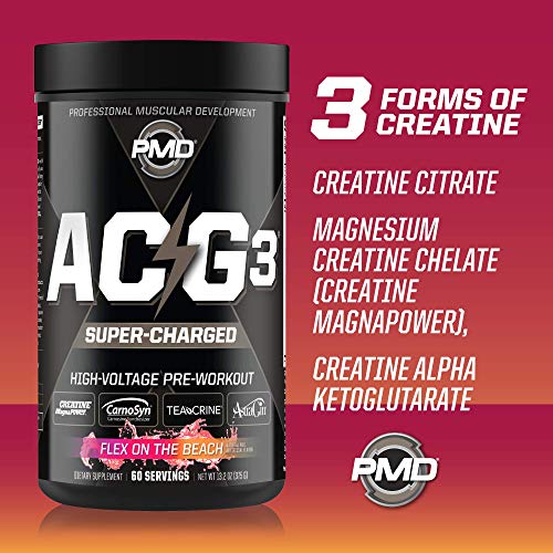 PMD Sports ACG3 Supercharged - Pre Workout - Powerful Strength, High Energy, Maximize Mental Focus, Endurance, Optimum Workout Performance for Men and Women - Flex On The Beach (60 Servings)